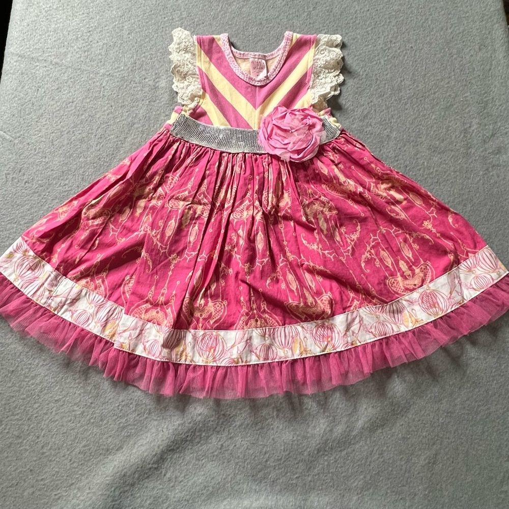 Giggle Moon Dress Toddler Girls 4T Pink Cream Lace Tulle Birds USA Made Sparkle